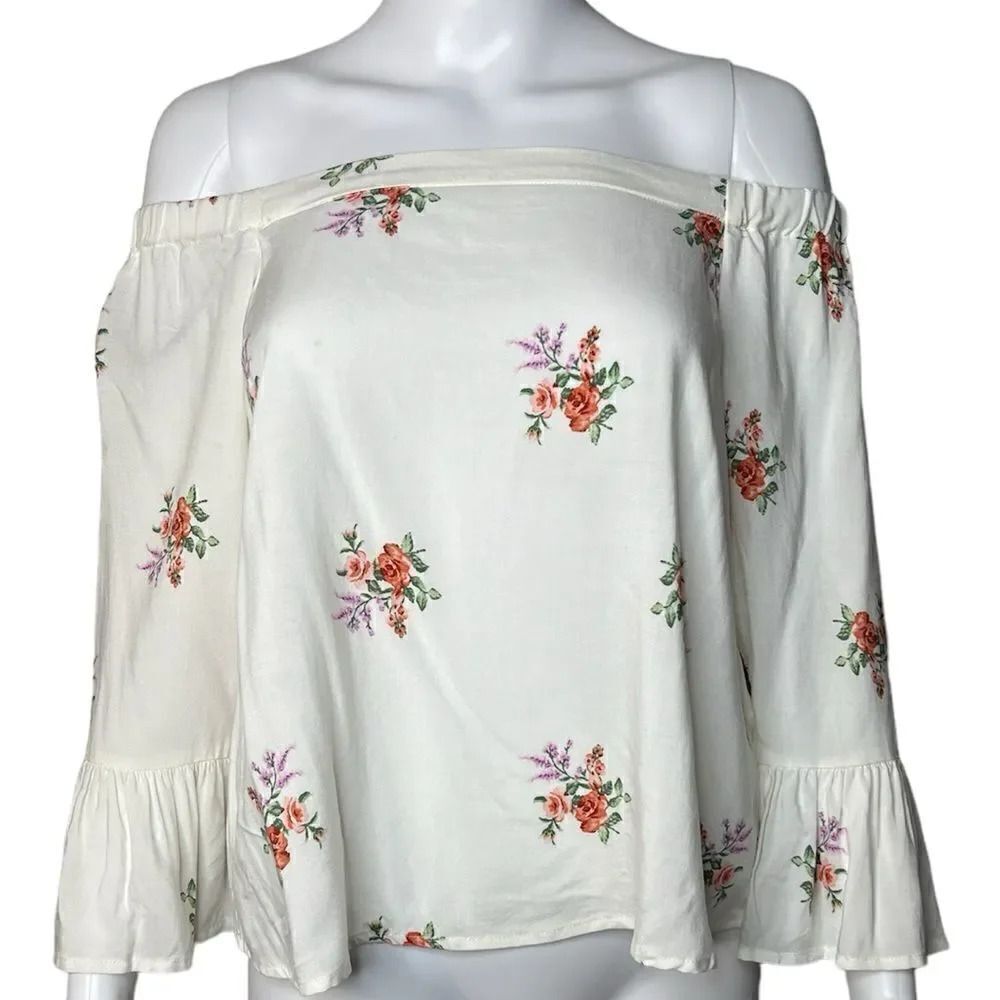 Forever 21 Floral Off the Shoulder Long Sleeve Top White & Pink Size XS